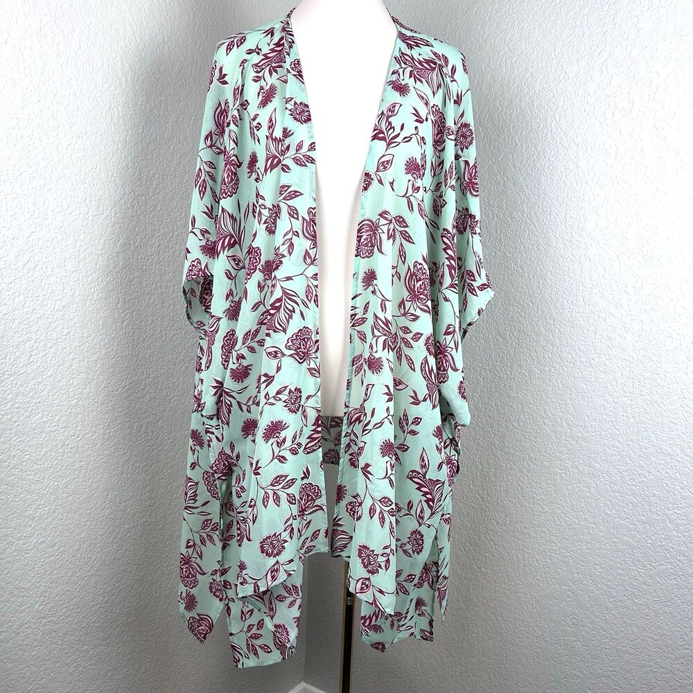 Lane Bryant Woman's Aqua Floral Overpiece Kimono One Size  Wrap